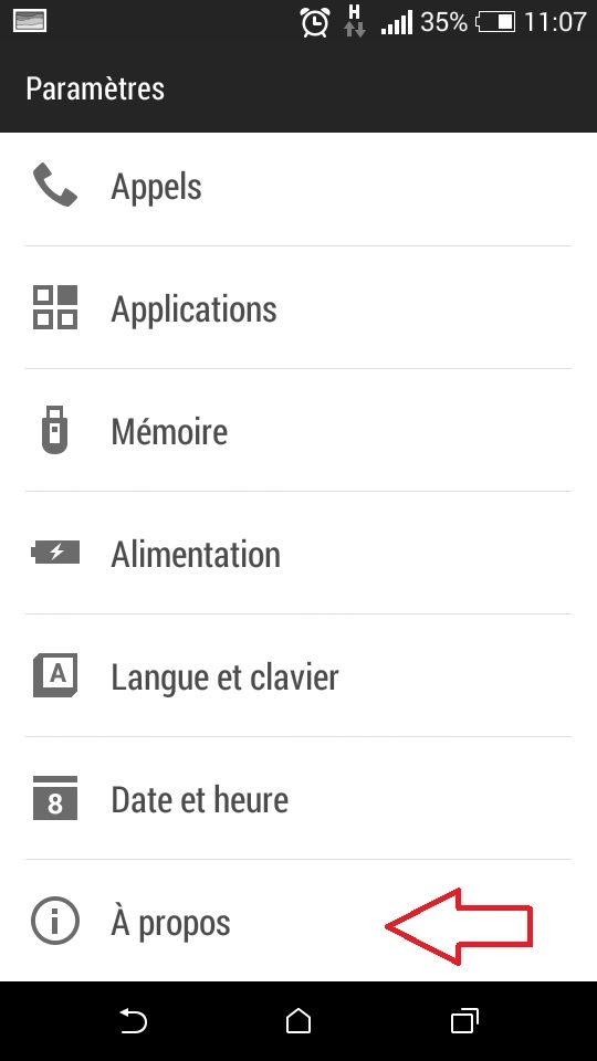 menu A PROPOS de téléphone Android